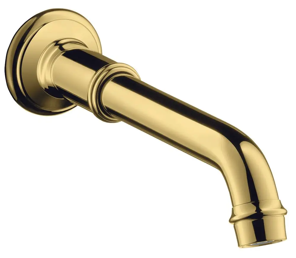 Montierter Auslauf für eine Badewanne in goldenem Finish, Hersteller AXOR. Der Auslauf hat eine geschwungene Form und ist an einer runden Wandplatte befestigt.